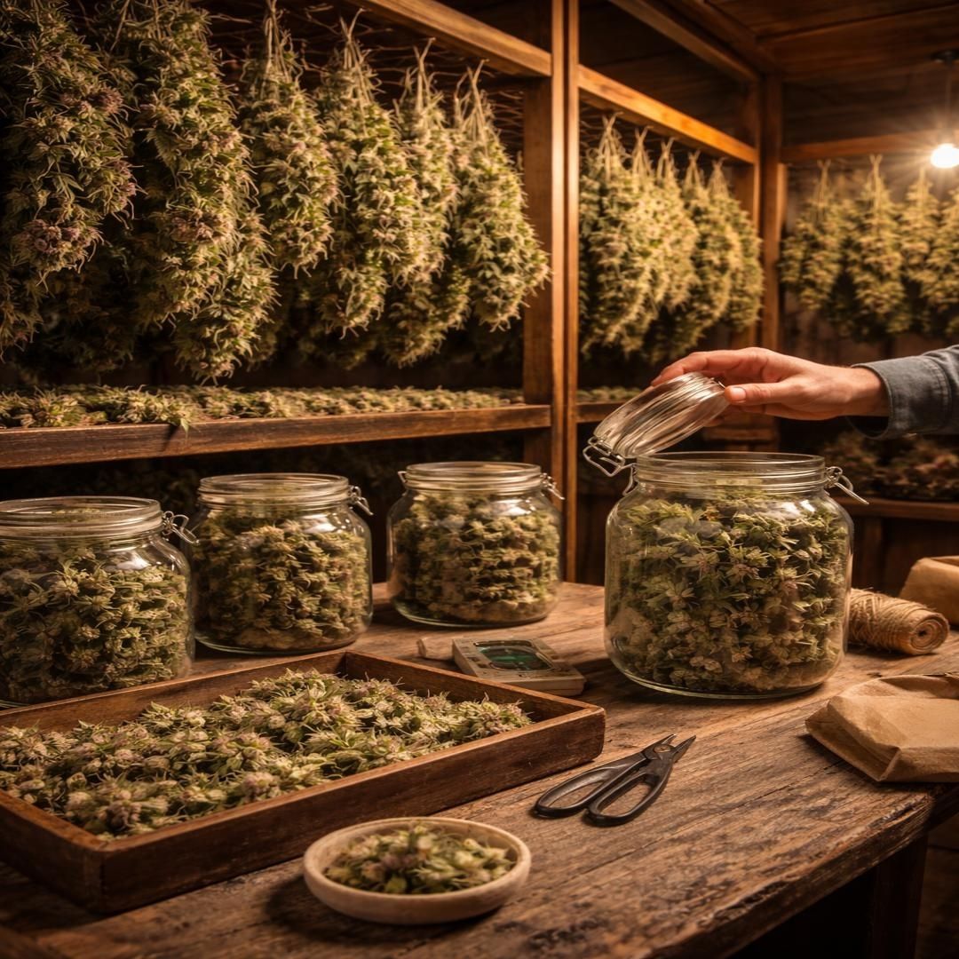 sechage-curing-grower-cbd-signature-aromatique Séchage et curing de fleurs CBD dans l’espace de travail artisanal d’un grower